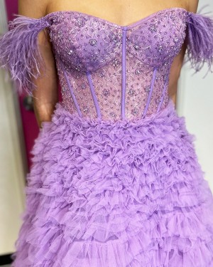Purple Ruffled & Beaded Off the Shoulder Long Formal Dress with Feather PD2465