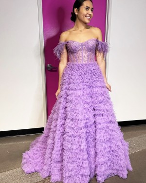 Purple Ruffled & Beaded Off the Shoulder Long Formal Dress with Feather PD2465
