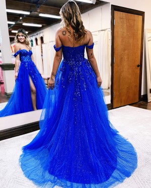 Beaded Appliques Blue Tulle Off the Shoulder Long Formal Dress with Side Slit PD2469