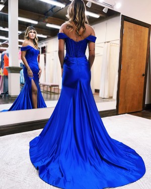 Beaded Bodice Royal Blue Satin Off the Shoulder Long Formal Dress with Side Slit PD2470
