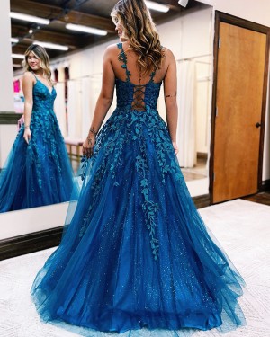 Blue Sparkling Applique Tulle A-line V-neck Long Formal Dress PD2471