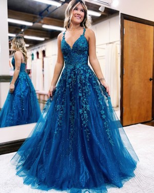 Blue Sparkling Applique Tulle A-line V-neck Long Formal Dress PD2471