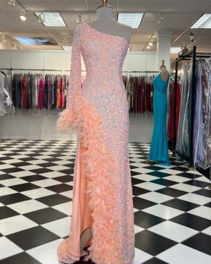 Orange Sequin Feathered One Shoulder Long Formal Dress with Side Slit PD2472