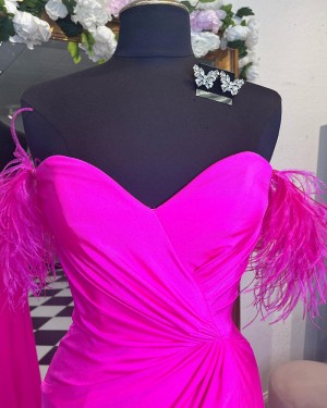 Fuchsia Ruched Satin Sweetheart Long Formal Dress with Feathers PD2473