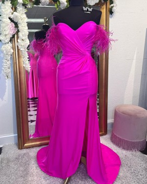Fuchsia Ruched Satin Sweetheart Long Formal Dress with Feathers PD2473