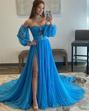 Sweetheart Tulle Cutout Beaded Blue Long Formal Dress with Removable Sleeves PD2474