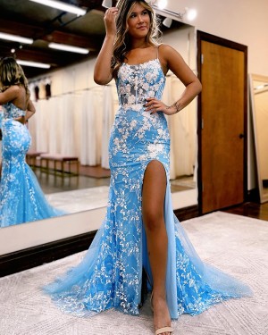 Spaghetti Straps Appliqued Special Long Formal Dress with Side Slit PD2475