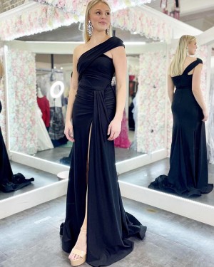 Black Ruched Satin One Shoulder Long Formal Dress with Side Slit PD2476