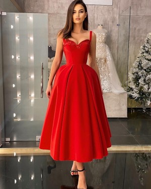 Red Beaded Square Neckline Satin Long Formal Dress PD2479