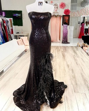 Black Sequin Mermaid Strapless Long Formal Dress with Feathered Side Slit PD2482