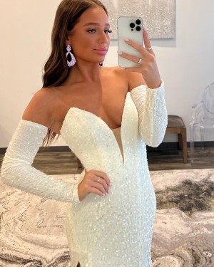 White Sequin Side Slit Mermaid Sweetheart Formal Dress with Removable Sleeves PD2489