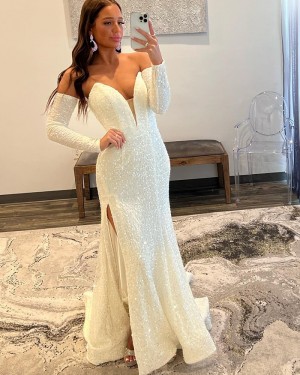 White Sequin Side Slit Mermaid Sweetheart Formal Dress with Removable Sleeves PD2489