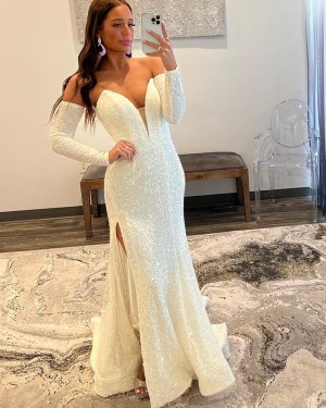 White Sequin Side Slit Mermaid Sweetheart Formal Dress with Removable Sleeves PD2489