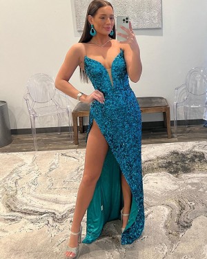 Sequin Lake Blue Sweetheart Formal Dress with Side Slit PD2490