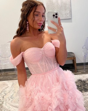 Light Pink Ruched & Ruffled Off the Shoulder Formal Dress PD2491