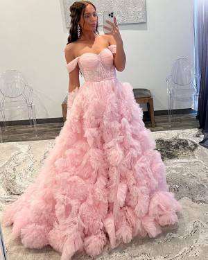 Light Pink Ruched & Ruffled Off the Shoulder Formal Dress PD2491