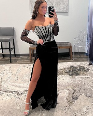 Beading Bodice Side Slit Black Strapless Formal Dress with Removable Sleeves PD2492