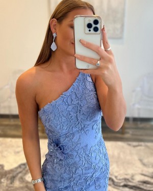 Light Blue Lace Applique One Shoulder Formal Dress with Side Slit PD2493