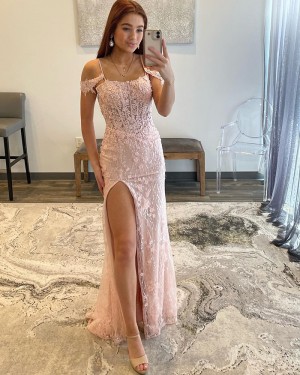 Light Pink Lace Cold Shoulder Formal Dress with Side Slit PD2494