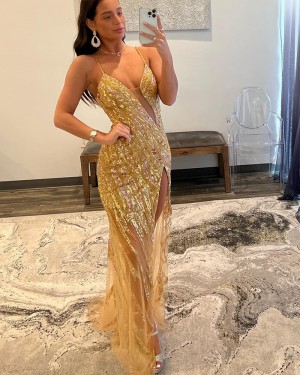 Gold Sequin Tulle Spaghetti Straps Formal Dress with Side Slit PD2495