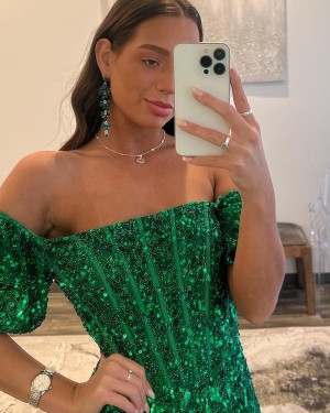 Green Sequin Off the Shoulder Formal Dress with Side Slit PD2496