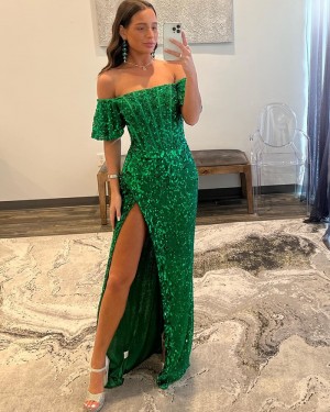 Green Sequin Off the Shoulder Formal Dress with Side Slit PD2496