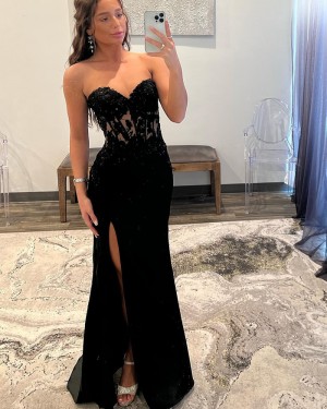 Black Lace Bodice Mermaid Sweetheart Formal Dress with Side Slit PD2498