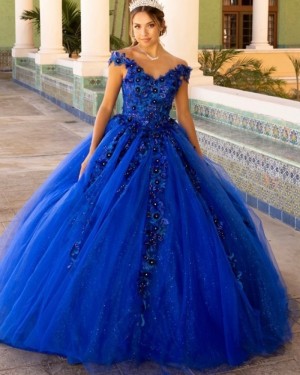 Blue Lace Bodice Tulle V-neck Ball Gown with Handmade Flowers PD2499