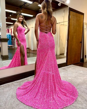 Purple Sequin Mermaid Spaghetti Straps Formal Dress with Side Slit PD2500