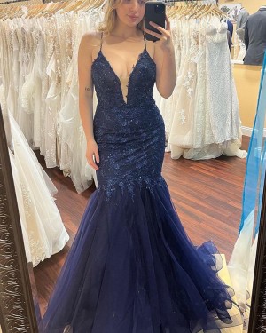 Lace Applique Navy Blue Spaghetti Straps Mermaid Formal Dress PD2508