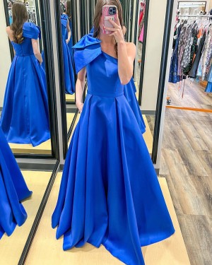Blue Satin One Shoulder Formal Dress with Pockets & Bowknot PD2509