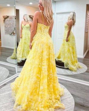 Lace Yellow A-line Spaghetti Straps Formal Dress PD2511