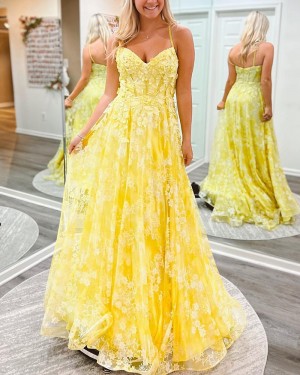 Lace Yellow A-line Spaghetti Straps Formal Dress PD2511