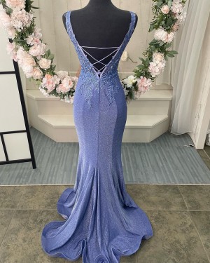 Blue Lace Bodice Metallic V-neck Mermaid Formal Dress PD2512