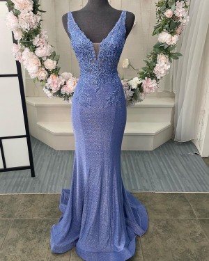 Blue Lace Bodice Metallic V-neck Mermaid Formal Dress PD2512