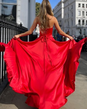 Sweetheart Two Piece Red Satin Simple Formal Dress with Side Slit PD2513