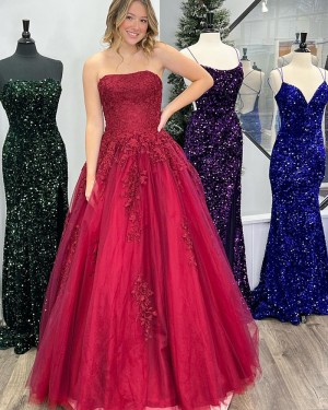 Burgundy Lace Applique A-line Strapless Formal Dress PD2518