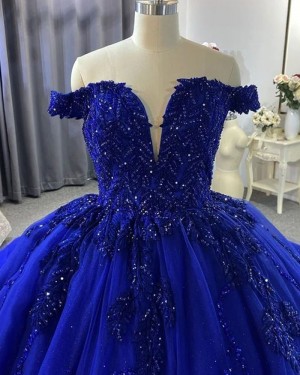 Royal Blue Beading Bodice Off the Shoulder Tulle Ball Gown Evening Dress PD2525