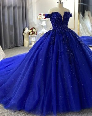 Royal Blue Beading Bodice Off the Shoulder Tulle Ball Gown Evening Dress PD2525