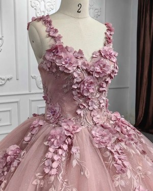 Lace Applique Dusty Pink Sparkle V-neck Ball Gown Evening Dress with Handmade Flowers PD2527