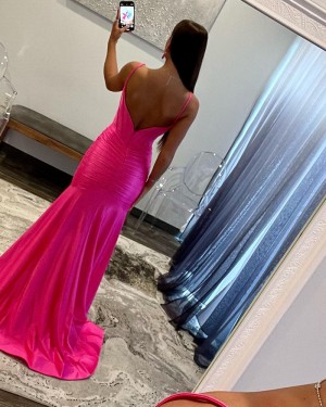 Spaghetti Straps Pink Ruched Satin Mermaid Simple Formal Dress with Side Slit PD2535