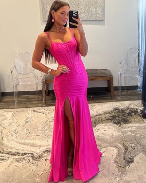 Spaghetti Straps Pink Ruched Satin Mermaid Simple Formal Dress with Side Slit PD2535