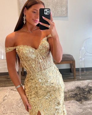 Gold Off the Shoulder Sequin Lace Mermaid Formal Dress with Side Slit PD2536