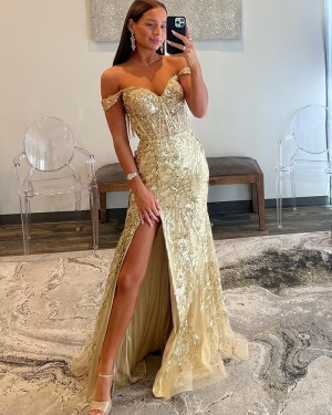Gold Off the Shoulder Sequin Lace Mermaid Formal Dress with Side Slit PD2536