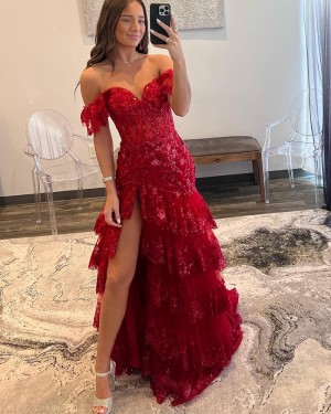 Red Off the Shoulder Sequin Lace Layered Formal Dress with Side Slit PD2538