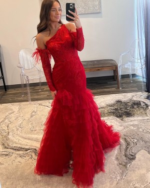 Lace Bodice Ruffle One Shoulder Mermaid Formal Dress with Removable Sleeves PD2539