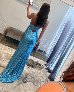 Cyan Sequin Spaghetti Straps Cutout Mermaid Formal Dress with Side Slit  PD2540