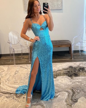 Cyan Sequin Spaghetti Straps Cutout Mermaid Formal Dress with Side Slit  PD2540