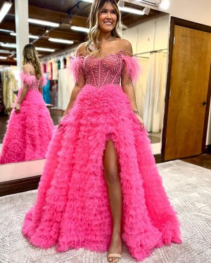 Pink Beading Bodice Off the Shoulder Ruffle Side Slit Formal Dress with Feathers  PD2541