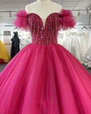 Tulle Coral Pink Sequin Bodice Sweetheart Ball Gown with Ruffle Caps PD2544